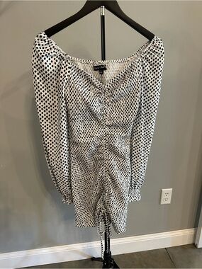 Crystal Doll Black & White Polka Dot Ruched Long Sleeve Mini Dress